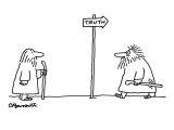 Man watches as another disheveled man returns from direction towards which… - New Yorker Cartoon Premium Giclee Print by Charles Barsotti