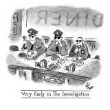 Very Early in the Investigation': three cops sip coffee and enjoy donuts … - New Yorker Cartoon Premium Giclee Print by Frank Cotham