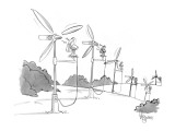 A line of windmills is powered by electric fans. - New Yorker Cartoon Premium Giclee Print by John Klossner
