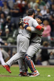 Cardinals v Milwaukee Brewers - G. Six, Milwaukee, WI - Oct. 16: Jason Motte and Yadier Molina Photographic Print by Christian Petersen