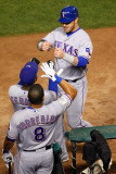 Rangers v Cardinals, St Louis, MO - Oct. 27: Josh Hamilton, Esteban German and Yorvit Torrealba Photographic Print by Dilip Vishwanat