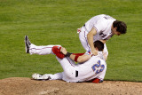 Detroit Tigers v Texas Rangers - Game Six, Arlington, TX - October 15: Ian Kinsler and Craig Gentry Photographic Print by Bob Levey