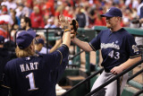 Brewers v St. Louis Cardinals - G. Four, St Louis, MO - Oct. 13: Randy Wolf and Corey Hart Photographic Print by Christian Petersen