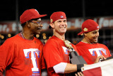 Detroit Tigers v Rangers - Arlington, TX - Oct. 15: Michael Young, Ron Washington and Nelson Cruz Photographic Print by Kevork Djansezian