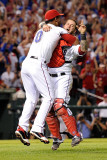 Detroit Tigers v Texas Rangers - Game Six, Arlington, TX - Oct. 15: Neftali Feliz and Mike Napoli Photographic Print by Kevork Djansezian