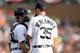 Texas Rangers v Detroit Tigers - Game Five, Detroit, MI - Oct. 13: Justin Verlander and Alex Avila Photographic Print by Leon Halip