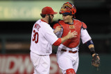 Milwaukee Brewers v Cardinals - G. Five, St Louis, MO - Oct. 14: Jason Motte and Yadier Molina Photographic Print by Jamie Squire