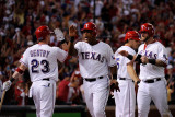 Detroit Tigers v Rangers - Arlington, TX - Oct. 15: Adrian Beltre, Mike Napoli and Craig Gentry Photographic Print by Kevork Djansezian