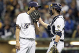 Cardinals v Milwaukee Brewers - G. Six, Milwaukee, WI - Oct. 16: Takashi Saito and Jonathan Lucroy Photographic Print by Christian Petersen