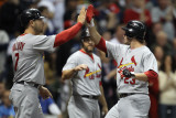 Cardinals v Brewers - Milwaukee, WI - Oct. 16: Matt Holliday, Lance Berkman and David Freese Photographic Print by Jonathan Daniel