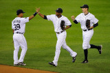 Rangers v Detroit Tigers - Detroit, MI - Oct. 13: Ramon Santiago, Austin Jackson and Don Kelly Photographic Print by Kevork Djansezian
