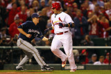 Milwaukee Brewers v Cardinals - G. Five, St Louis, MO - Oct. 14: Yadier Molina and Zack Greinke Photographic Print by Dilip Vishwanat