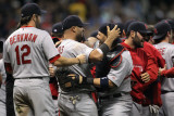 Cardinals v Brewers - Milwaukee, WI - Oct. 16: Lance Berkman, Albert Pujols and Yadier Molina Photographie par Jonathan Daniel