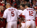 Rangers v Cardinals, St Louis, MO - Oct. 27: David Freese, Albert Pujols and Lance Berkman Photographic Print by Jamie Squire