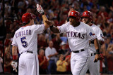 Detroit Tigers v Rangers - Arlington, TX - Oct. 15: Adrian Beltre, Mike Napoli and Ian Kinsler Photographic Print by Kevork Djansezian