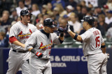 Cardinals v Brewers - Milwaukee, WI - Oct. 16: David Freese, Yadier Molina and Rafael Furcal Photographic Print by Christian Petersen