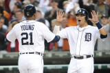 Texas Rangers v Detroit Tigers - Game Five, Detroit, MI - Oct. 13: Delmon Young and Victor Martinez Photographic Print by Harry How
