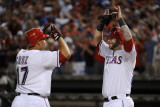 Detroit Tigers v Texas Rangers - Game Six, Arlington, TX - October 15: Nelson Cruz and Mike Napoli Photographic Print by Harry How