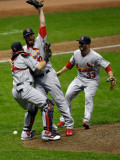 Cardinals v Brewers - Milwaukee, WI - Oct. 16: Yadier Molina, Jason Motte and Daniel Descalso Photographic Print by Scott Boehm 