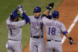 Rangers v Cardinals, St Louis, MO - Oct. 27: Elvis Andrus, Josh Hamilton and Mitch Moreland Fotografie-Druck von Doug Pensinger