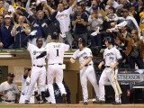 Cardinals v Milwaukee Brewers - G. Six, Milwaukee, WI - Oct. 16: Corey Hart and Yuniesky Betancourt Photographic Print by Christian Petersen