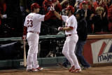 Texas Rangers v St Louis Cardinals, St Louis, MO - Oct. 27: Lance Berkman and David Freese Photographic Print by Rob Carr 