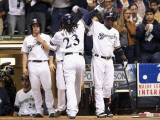 Cardinals v Brewers - G. Six, Milwaukee, WI - Oct. 16: Rickie Weeks and Yuniesky Betancourt Photographic Print by Christian Petersen