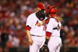 Brewers v St. Louis Cardinals - G. Three, St Louis, MO - Oct. 12: Chris Carpenter and Yadier Molina Photographic Print by Dilip Vishwanat