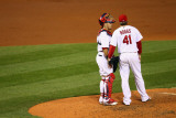 Brewers v St. Louis Cardinals - G. Four, St Louis, MO - Oct. 13: Yadier Molina and Mitchell Boggs Photographic Print by Dilip Vishwanat