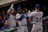 Rangers v Cardinals, St Louis, MO - Oct. 27: Josh Hamilton, Esteban German and Yorvit Torrealba Photographic Print by Doug Pensinger