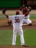 Game 7 - Rangers v Cardinals, St Louis, MO - October 28: Jason Motte and Yadier Molina Photographic Print by Rob Carr 