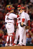 Game 7 - Rangers v Cardinals, St Louis, MO - October 28: Chris Carpenter and Yadier Molina Photographic Print by Jamie Squire