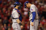 Game 7 - Rangers v Cardinals, St Louis, MO - October 28: Mike Napoli and Matt Harrison Photographic Print by Jamie Squire