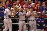 Rangers v Cardinals - Oct. 28: Josh Hamilton, Elvis Andrus, Yorvit Torrealba and Ron Washington Photographic Print by Jamie Squire