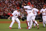 Game 7 - Rangers v Cardinals, St Louis, MO - October 28: Jason Motte and Yadier Molina Photographic Print by Ezra Shaw