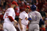 Rangers v Cardinals, St Louis, MO - Oct. 28: Albert Pujols, Elvis Andrus and Chris Carpenter Photographic Print by Ezra Shaw