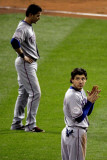 Game 7 - Rangers v Cardinals, St Louis, MO - October 28: Ian Kinsler and Michael Young Photographic Print by Rob Carr 
