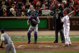 Game 7 - Rangers v Cardinals, St Louis, MO - October 28: David Freese and Scott Feldman Photographic Print by Rob Carr 