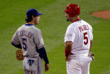 Game 7 - Rangers v Cardinals, St Louis, MO - October 28: Ian Kinsler and Albert Pujols Photographic Print by Rob Carr 