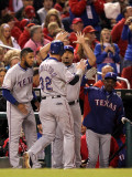 Rangers v Cardinals - Oct. 28: Josh Hamilton, Elvis Andrus, Yorvit Torrealba and Ron Washington Photographic Print by Jamie Squire