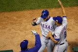 Rangers v Cardinals, St Louis, MO - Oct. 28: Josh Hamilton, Ron Washington and Yorvit Torrealba Photographic Print by Dilip Vishwanat
