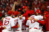 Game 7 - Rangers v Cardinals, St Louis, MO - Oct. 28: Adam Wainwrigt, Jaime Garcia and Gerald Laird Photographic Print by Michael Heiman