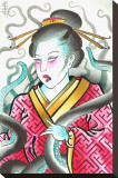 Geisha & Octopus Stretched Canvas Print by Samuel Gosson