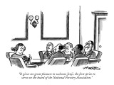 "It gives me great pleasure to welcome Jenji, the first sprite to serve on…" - New Yorker Cartoon Premium Giclee Print by Henry Martin