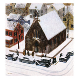 "Snowy Morning at Church", January 6, 1951 Giclee Print by John Falter