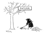 The Grim Reaper rakes up a pile of leaves under a tree with a placard that… - New Yorker Cartoon Premium Giclee Print by Mike Twohy