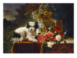 Rhododendrons in a Porcelain Vase with Roses and a Dog on a Draped Table in a Landscape Giclee Print by Adriana-johanna Haanen