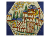 A Kutahya Pottery Hexagonal Tile Depicting a Cathedral with Floral Spray Above Giclee Print
