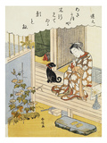 A Courtesan Seated on a Veranda Brushing Her Teeth and Pensively Looking at Flowering Morning Glory reproduction procédé giclée par Harunobu 