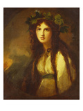 Portrait of Lady Hamilton as a Bacchante, Half Length, in a White Dress with a Blue Sash and a… Giclee Print by George Romney
